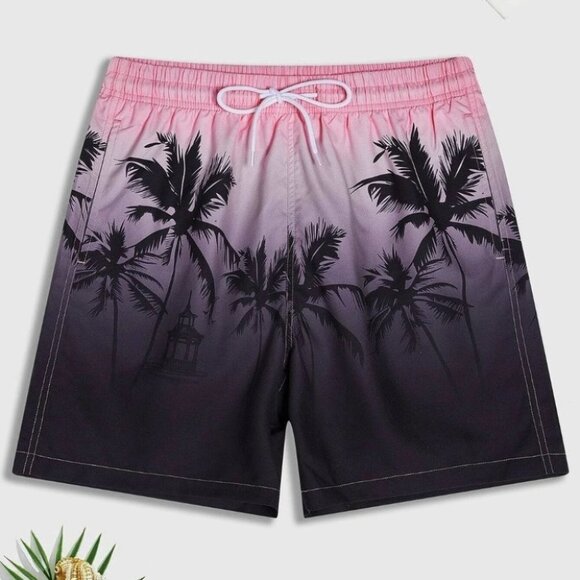 Black & Pink Vacation Style Men's Coconut Tree Print Swim Trunks - Picture 1 of 3